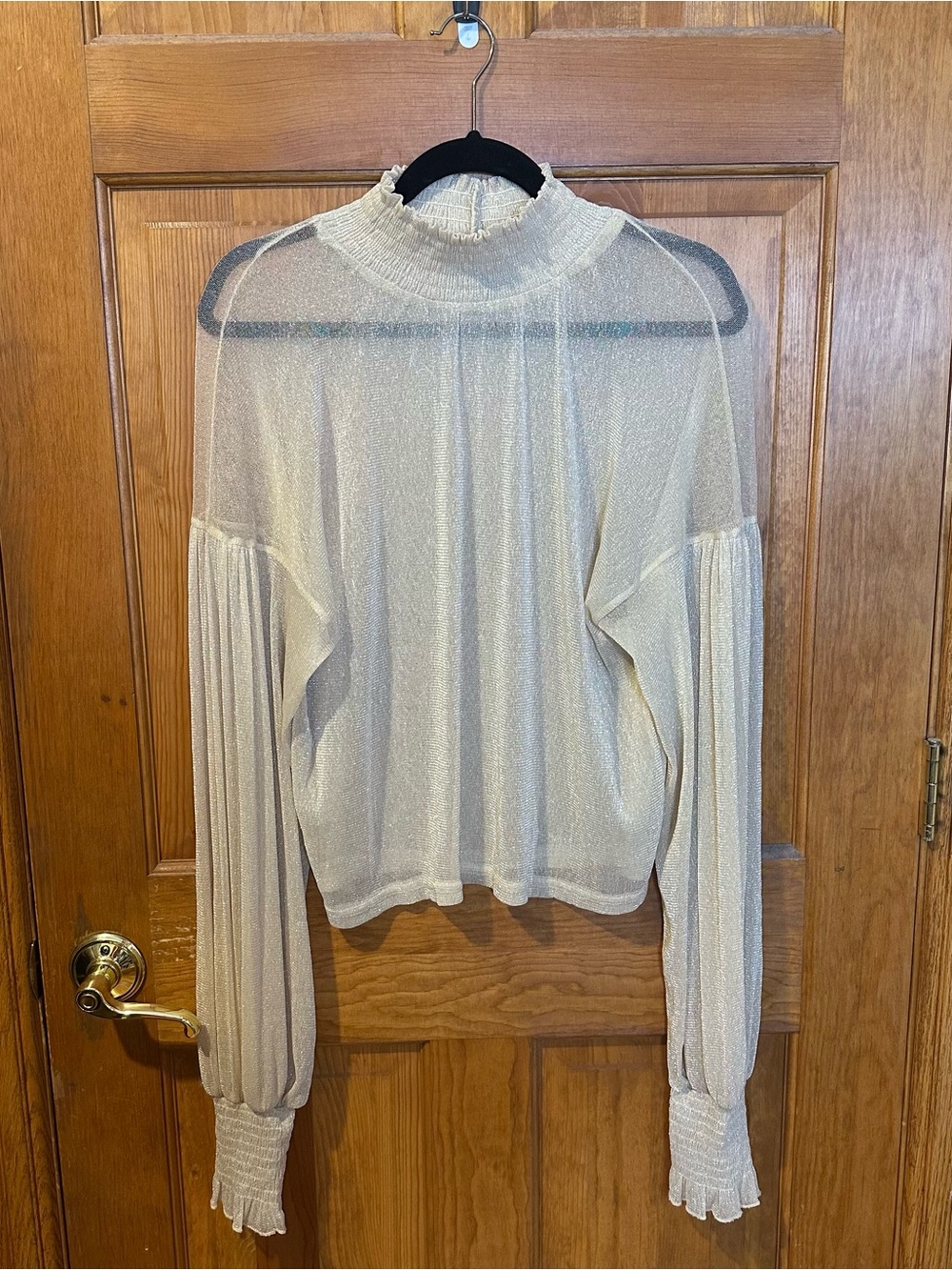 Forever 21 Women’s Sheer Shimmer Mock Neck Top - Cream/Gold